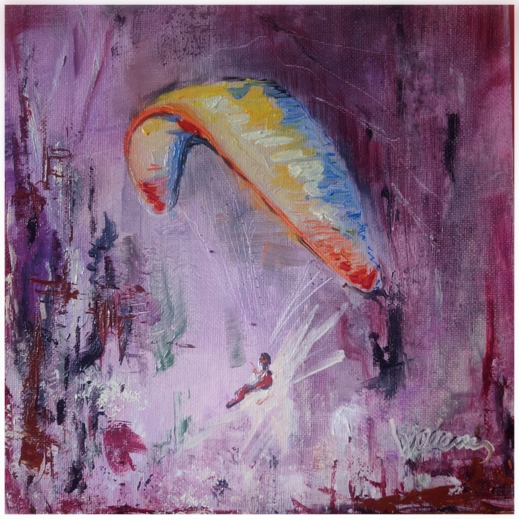 Farbenspielerei, Paraglider vor Felswand, Öl auf Malplatte, 20x20 cm