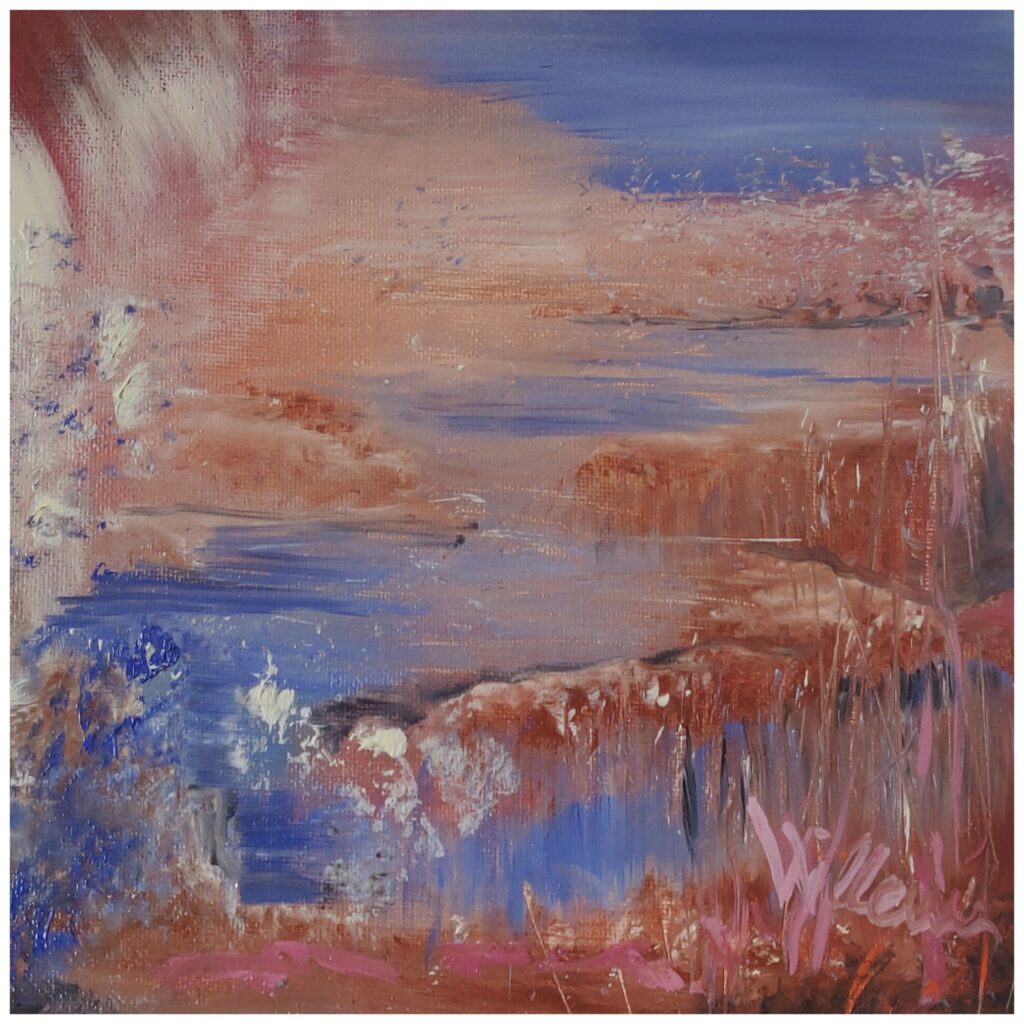 Farbenspiel, abstrakte Landschaft in blau und sienna, Öl auf Malplatte, 20x20 cm